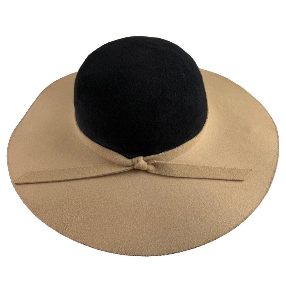Womens Two Tone Black Tan Floppy Sun Hat Wide Brim Bow Trim One Size